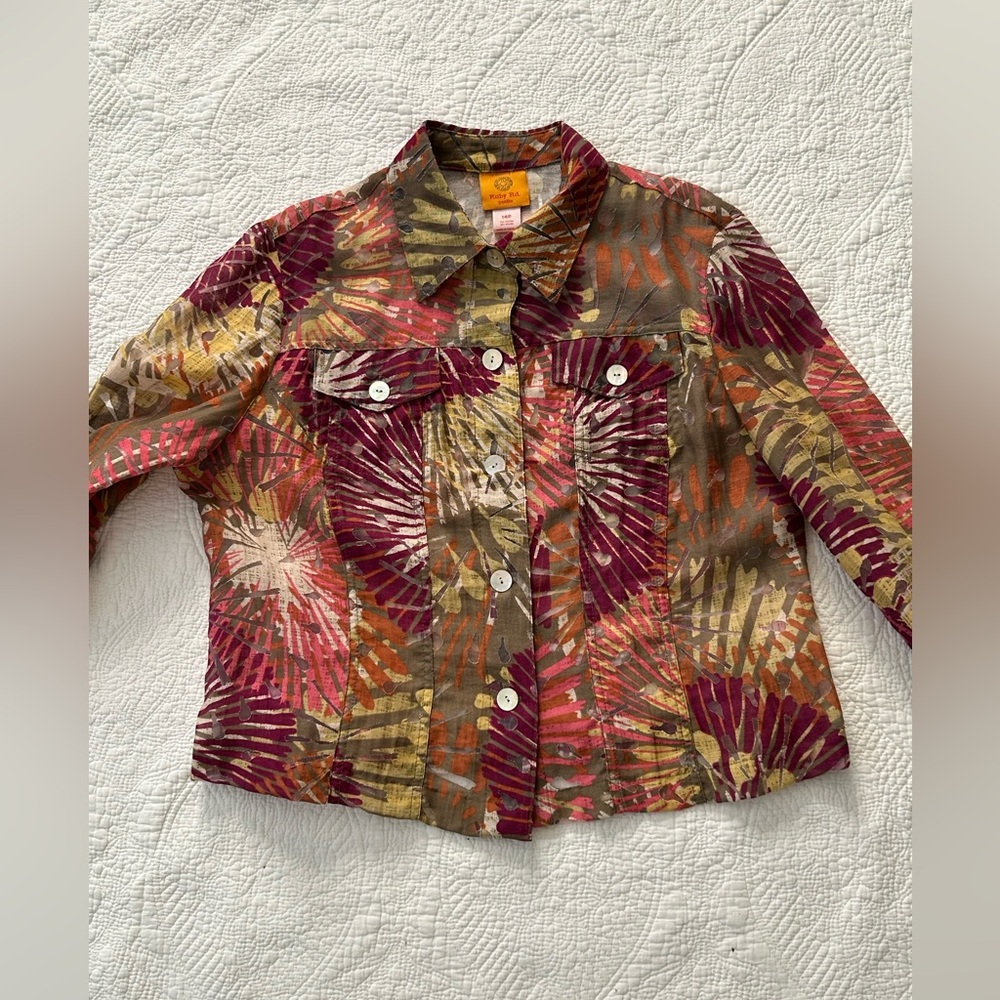 Ruby Rd shirt/jacket w/cut out detail. 14P Burgundy/purple/yellow. Great shape!